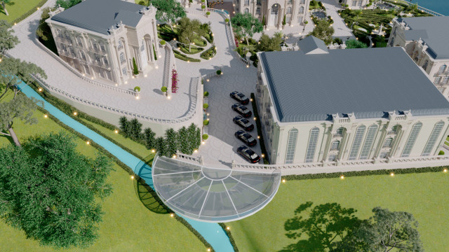 An ornately decorated, elevated canopy in a luxurious location.