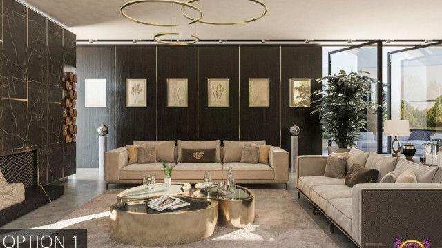 This picture shows an interior design featuring a modern, minimalistic aesthetic. The open concept room features white walls offset with a dark wooden floor, neutral upholstered furniture, and decor accents in shades of grey and blue. A large window allows natural light to flood in, illuminating the room. The overall look is sleek and contemporary, creating a calming atmosphere.