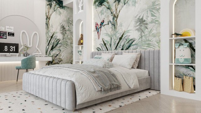 This picture shows an ultra-luxurious bathroom interior with a marble floor and walls, wood panelling on the ceiling and walls, and luxurious fixtures such as a large gold framed mirror, gold and crystal sconces and a white porcelain freestanding bathtub. There is also an elegant vanity with two sinks and a marble countertop. The space looks luxuriously finished and serene.