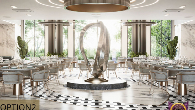 This picture shows an interior design with a contemporary style. It has dark grey walls and dark hardwood floors set against off-white furniture, including a curved sofa, an armchair and an ottoman. A large, glass-enclosed fireplace is the focal point of the room, providing a cozy atmosphere. Above it hangs a large abstract painting, while bright, green plants add a pop of color and bring life to the space.