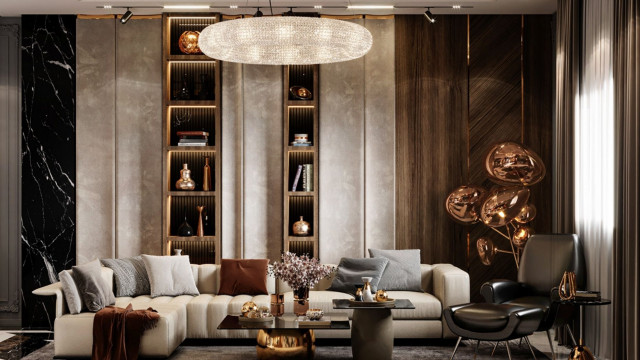 This picture shows a modern contemporary living room with a variety of different furniture pieces. It has a minimalistic aesthetic with light colors and clean lines. The dominant colors are white and beige, with some accents of grey and black. There is a white sectional sofa with grey and black pillows, a glossy white center table, and a white and grey patterned rug. Additionally, there is a large wall hanging with abstract art and a low coffee table with ornate legs.