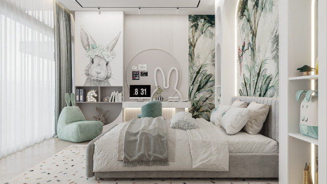 This picture shows a modern living room with a sectional sofa, a coffee table, and two accent chairs arranged around an area rug. The walls are painted white and are decorated with several framed art pieces and a large mirror. The sofa has pillows in shades of blue and white, adding some light colors to the otherwise neutral room.