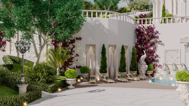 Modern living room with luxury furniture, stylish decor, and lighted fireplace.