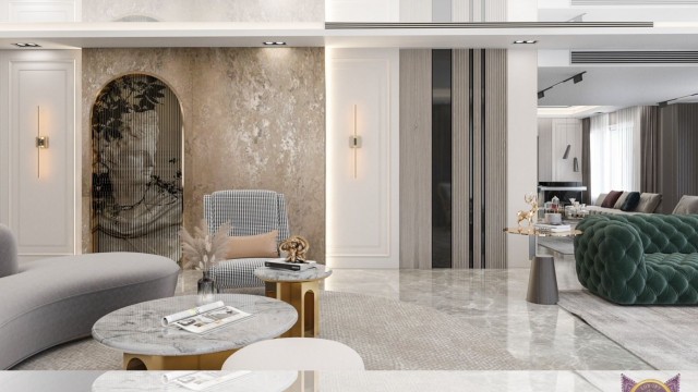 Modern luxury living area with contemporary seating and decorative wall accents.