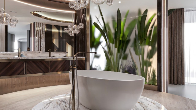 This picture shows a modern interior design with a luxurious and sophisticated look. The room has marble floors and walls, a curved ceiling, an ornate chandelier, and a central coffee table surrounded by white leather chairs and matching ottomans. There is a patterned rug, a white tufted couch, and a shelf with decorative vases, while the windows are framed with elegant drapes.