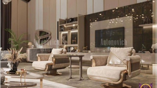 This picture shows a luxurious living room designed with a tasteful mix of classic and modern elements. In the center is an ornate chandelier hanging over a stunning white table, surrounded by four black leather armchairs. The walls are decorated with gold framed art and white trim, while the floors are covered in an ornate gray patterned rug. The space is finished off with several small accent pieces, including a modern glass vase filled with flowers and an antique candelabra placed on the side table.