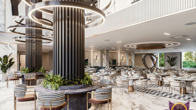 This picture is an interior design render of a modern living room. The amenities include a comfortable white sectional sofa and a low glass coffee table. On the floor is a unique black and white striped area rug. There are two modern lamps on either side of the sofa and a wall-mounted TV in the middle of the wall. The walls have a dark grey finish with dark wood accents. The windows have light grey sheers with patterned valances above.