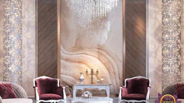 Modern luxurious bedroom with minimalist design consisting of geometric furniture pieces in light pastel colors, a medium-toned wood floor and a wall-mounted panel with a large mirror.