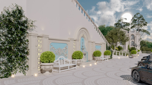 This picture shows a luxurious living room with an elegant design. The focal point of the room is a large upholstered armchair with a velvet throw blanket draped over it. The walls are adorned with large mirrors and gold accents, while the floor is covered in a cream-colored rug with a modern pattern. There is a tall bookcase filled with books near the armchair and the room is accentuated with greenery in the corner.