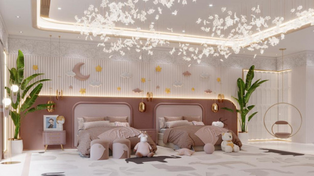 Luxurious living room with elegant furniture, velvet curtains, and dark wood flooring.