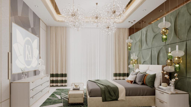 A modern-style dining room with an upholstered dining chair, a cream colored carpet, a rustic-style table, and an abstract painting.