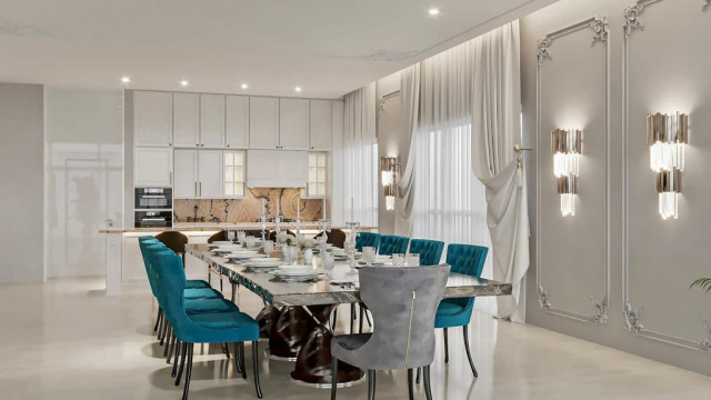 Modern luxury bedroom with abundant use of gold accents, featuring an ornate chandelier, large four poster bed, and luxurious marble flooring.