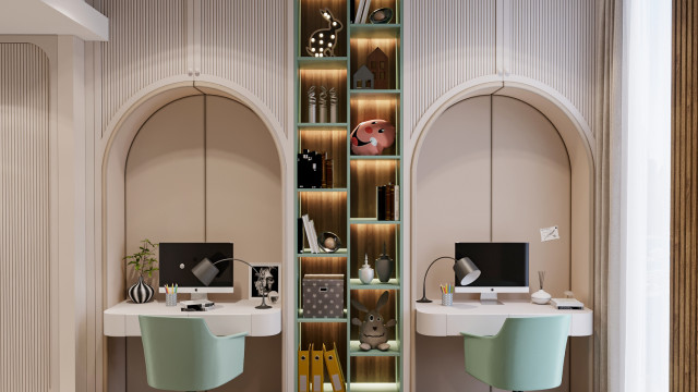 This picture shows a luxurious, contemporary living room design with a neutral color palette. The main feature of the room is an elegant, curved sofa with a chaise lounge, creating an inviting seating area. There is a large wooden coffee table in the center surrounded by a rug and two white chairs. The walls are painted a light grey with accents of white throughout, including a long shelf that runs along the wall.