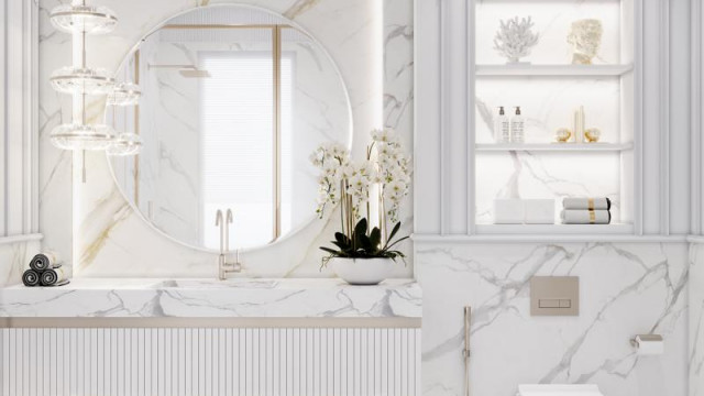 The picture is a rendering of a luxury living room in what appears to be a modern-style mansion. The room features a cozy seating area in front of a large fireplace, with two sofas and some decorative armchairs arranged around a low coffee table. There are also several large abstract paintings hung on the walls, along with floor-to-ceiling windows that let plenty of natural light into the room. The overall look is one of contemporary elegance, with touches of classic design.