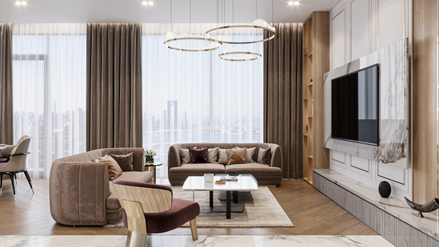 Elegant living room with upholstered furniture in neutral colors, ornate geometric wall accent, and chandelier.