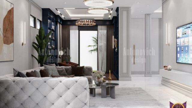 This picture shows a modern, urban-style living room. It has an open floor plan with white walls, dark hardwood floors, and contemporary furniture. The center of the room is dominated by a large sectional sofa upholstered in a bright yellow fabric. The walls are adorned with various abstract art pieces and an off-white area rug lies on the floor. A glass coffee table and several end tables complete the room.