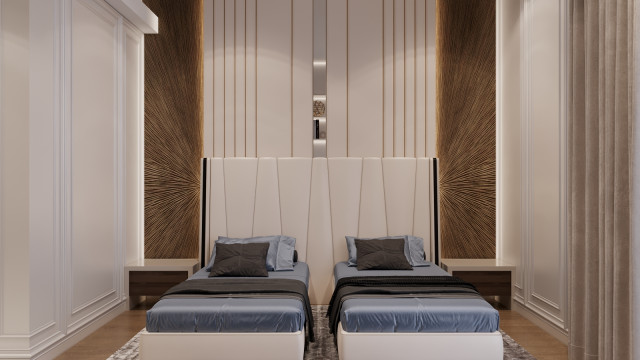 This picture is a rendering of an interior design by Antonovich Design. It is a modern apartment with a contemporary aesthetic. The image shows an open-concept living space with a light wooden floor, white walls, and sleek white furniture. There is a large sectional sofa in the center, accented by a yellow armchair and a glass coffee table. To the left of the sofa is a stylish kitchen with white cabinets, marble countertops, and stainless steel appliances. At the back of the room is a large window, which provides plenty of natural light.