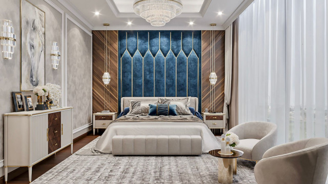 A modern living room featuring minimalistic, modular furniture and contemporary wall art.