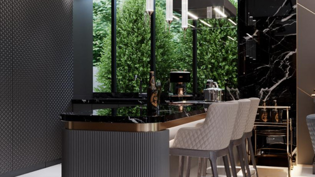 This picture shows a three-dimensional rendering of a luxurious, contemporary living room with a white marble floor, a black and gray stone wall, and a large LED television mounted on the wall. Large windows are placed along the right wall to let in natural light. The furnishings consist of two white leather armchairs flanking a modern glass coffee table, a velvet couch with an ottoman, and several white throw pillows. Behind the couch is a built-in shelving unit and two white bookcases.