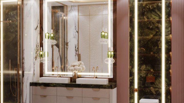 A luxurious living room, with a grand staircase leading to a balcony, ornate ceiling, and lavish furniture.