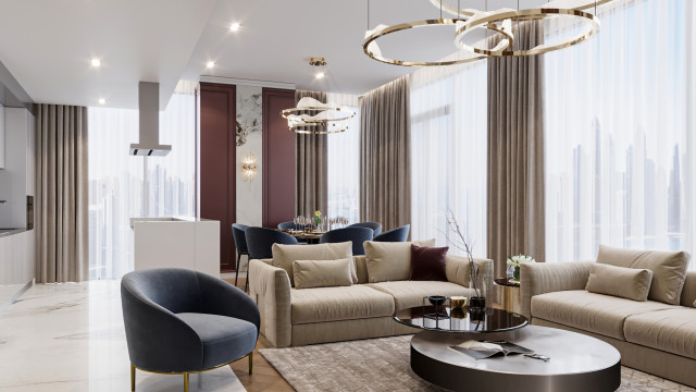 Modern dining area with a large table surrounded by several high-back chairs, featuring minimalistic white and gray decor.