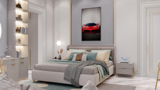 This picture shows a large luxury kitchen with modern amenities. The room features custom cabinets, a large island with built-in seating, marble countertops, and state-of-the-art appliances. The walls are painted cream and the floors are covered in light wood flooring. The space is lit by recessed lighting and pendant lights above the island.