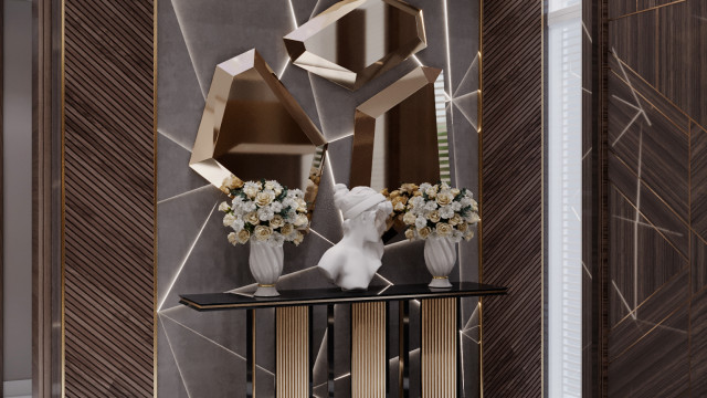 A modern, family-style living room with two couches, a center table, two armchairs, two side tables, and a patterned area rug.