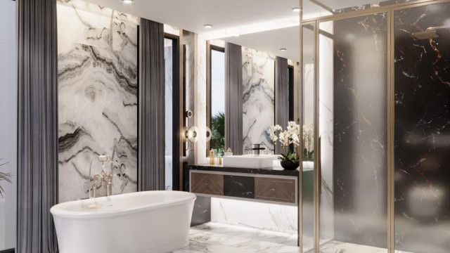 This picture appears to be a drawing of a modern style luxury bedroom. The walls are painted white and there is black furniture, including a nightstand and a dresser with a large mirror above it. On the bed, there are several white pillows arranged in a pattern and a throw blanket draped across the bottom. There is a dark armchair in the corner near the window, and a shelf with several decorative objects on it.