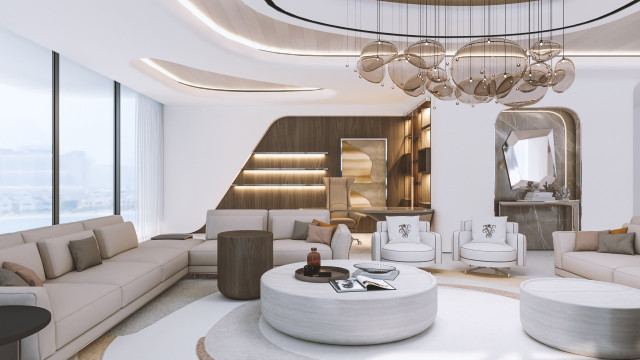 Contemporary reception area with minimalist design, featuring grey and white marble flooring and white furniture pieces.