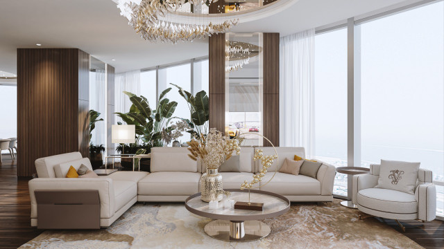 Luxurious modern interior with upholstered furniture, decorative elements and lights in beige and gold colors.