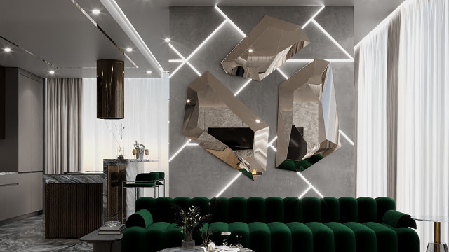 Modern living room featuring a beige sectional sofa, coffee table, patterned area rug and stone fireplace.