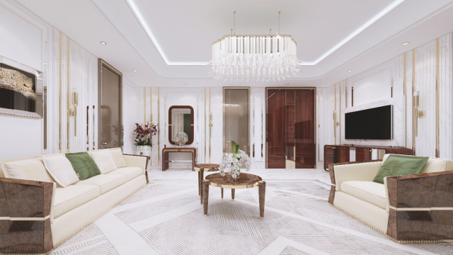 A modern living room with leather furniture, a patterned area rug, and a discretely placed flat-screen television.