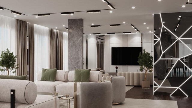 A grand estate with a fountain and fountain statues, surrounded by landscaped gardens.