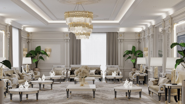 A luxury bedroom featuring a palette of white and gold, with a velvet-upholstered headboard.