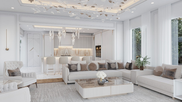 A luxurious bedroom featuring a camel-colored upholstered bed, ornate furniture, intricate ceiling detailing, and an opulent chandelier.