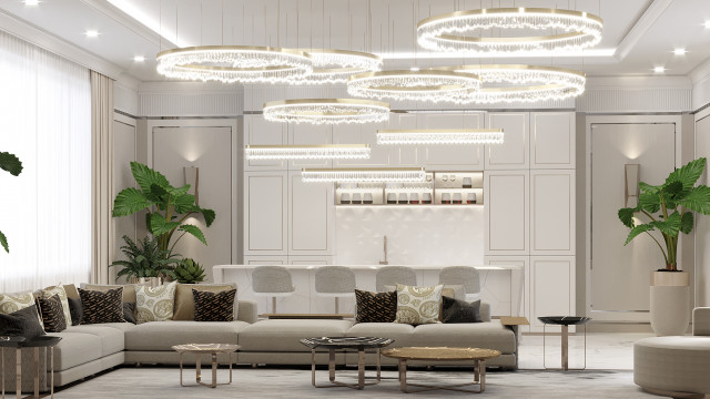 Modern interior design featuring a luxurious curved white sofa set against a black and white marble floor, with an ornate decorative wall mural in the background.