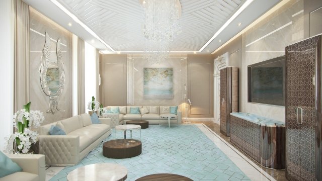 Luxurious living room with beige upholstered furnishings, wooden accent pieces, and an ornate area rug.