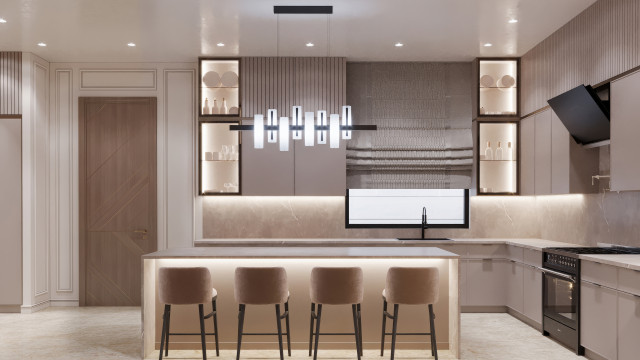 Футуристический дизайн кухни: нейтральные тона, мрамор и золото