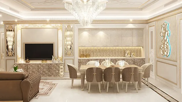 أناقة استثنائية: تصميم غرفة طعام فاخرة مثالية
