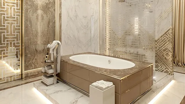 Роскошный и просторный дизайн ванной комнаты