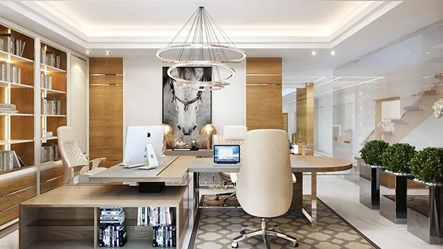 Дизайн уютного рабочего кабинета в тёплых тёмных тонах