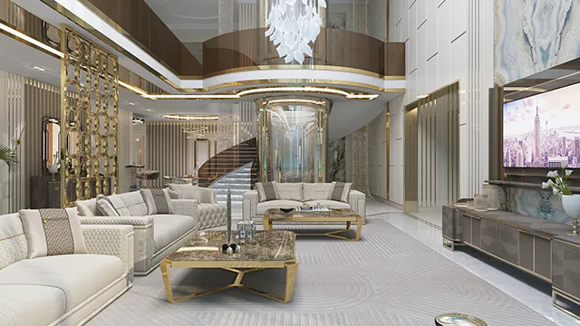 Просторная роскошная гостиная — интерьер высшего класса