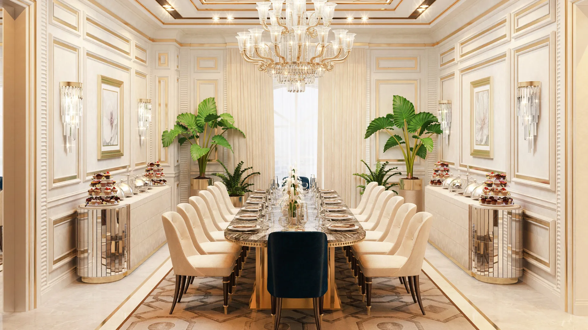 غرفة طعام مترفة بنمط نيوقلاسيكي وتفاصيل مميزة