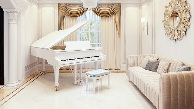 غرفة بيانو أنيقة داخل ديكور ملكي نقي
