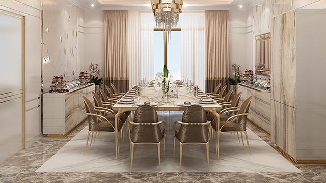 ارتقِ بتصميم غرفة الطعام بألوان ذهبية وبنية فاخرة