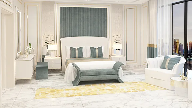 تصميم غرفة نوم فاخرة: أثاث وديكور راقٍ لمساحات واسعة