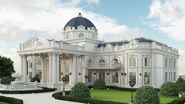 واجهة قصر بيضاء مذهلة: تحفة فنية من الفخامة