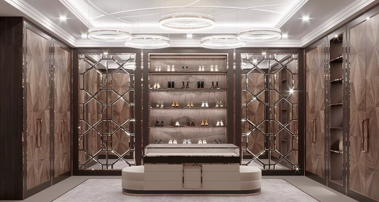 أفكار تصميم غرفة ملابس بنية فاخرة للمنزل