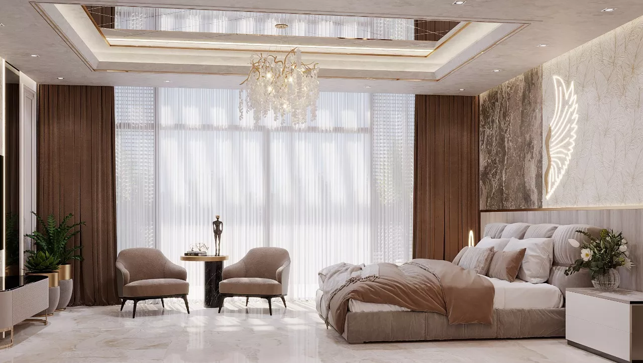 ثيمة بنية فاخرة لغرفة نوم معاصرة في دبي