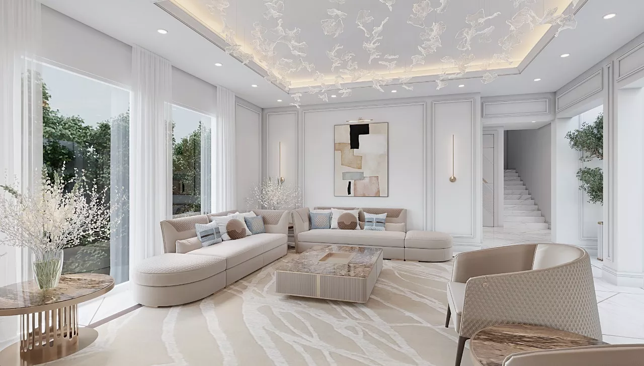 إتقان تصميم غرفة معيشة مفتوحة وفسيحة لفيلات دبي